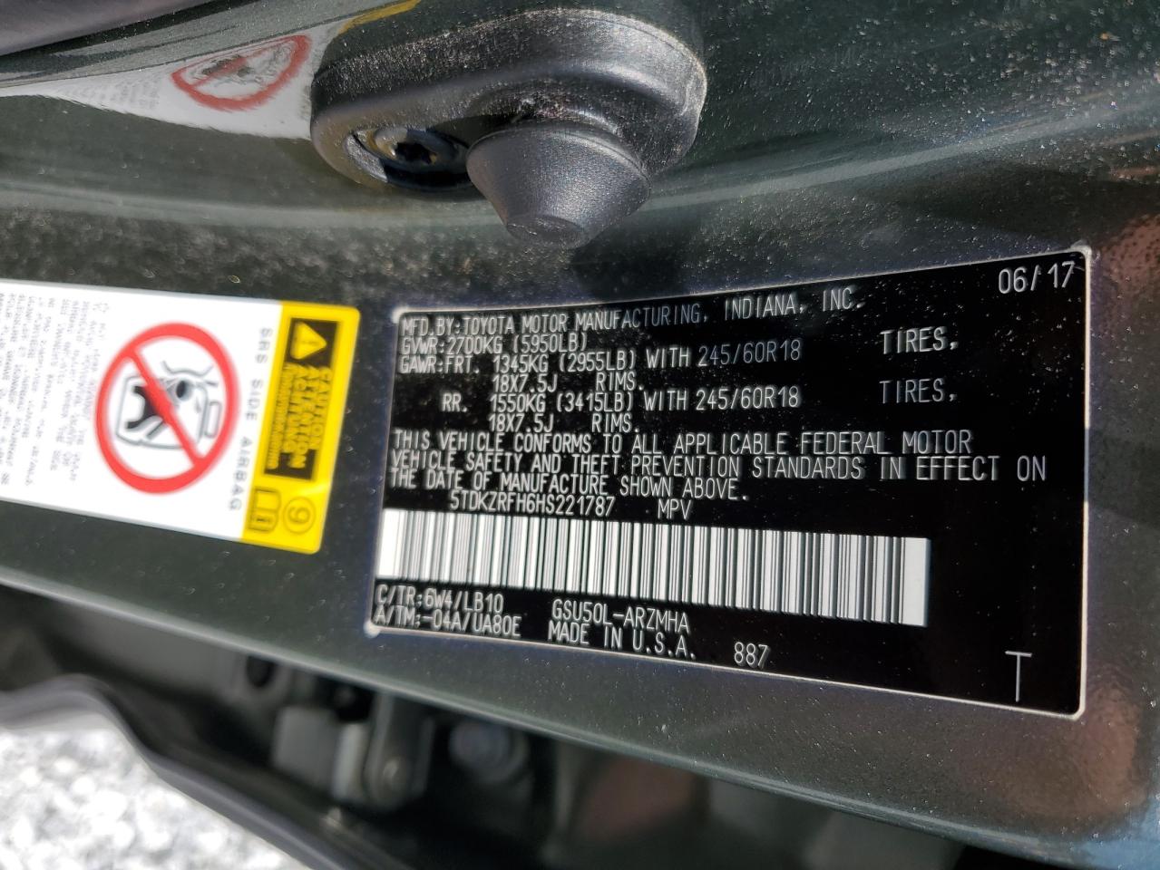 5TDKZRFH6HS221787 2017 Toyota Highlander Se