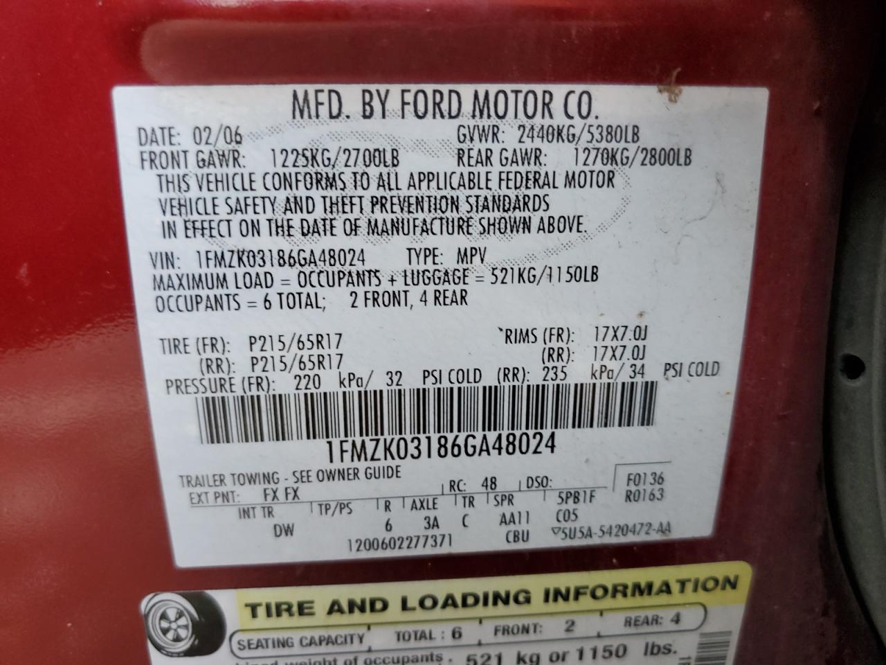 1FMZK03186GA48024 2006 Ford Freestyle Limited