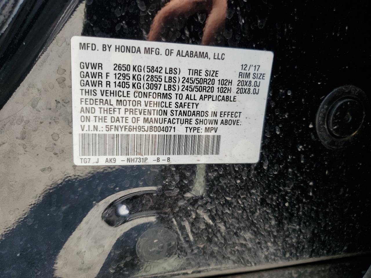 5FNYF6H95JB004071 2018 Honda Pilot Touring