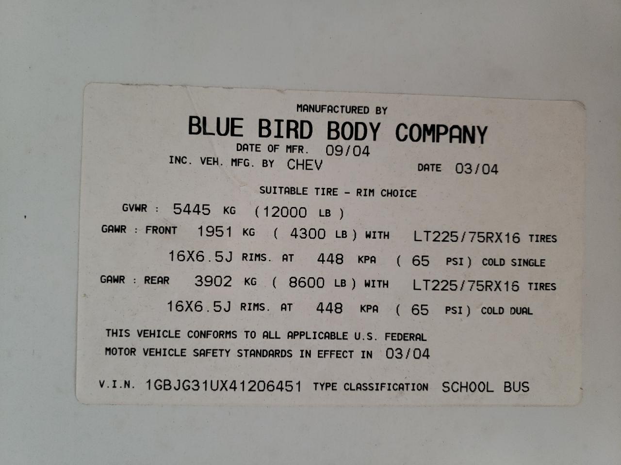 1GBJG31UX41206451 2004 Chevrolet Express G3500