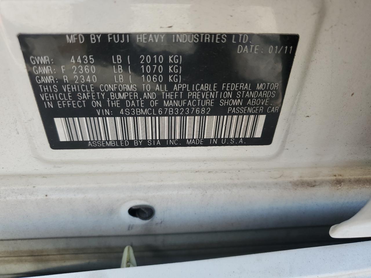 4S3BMCL67B3237682 2011 Subaru Legacy 2.5I Limited