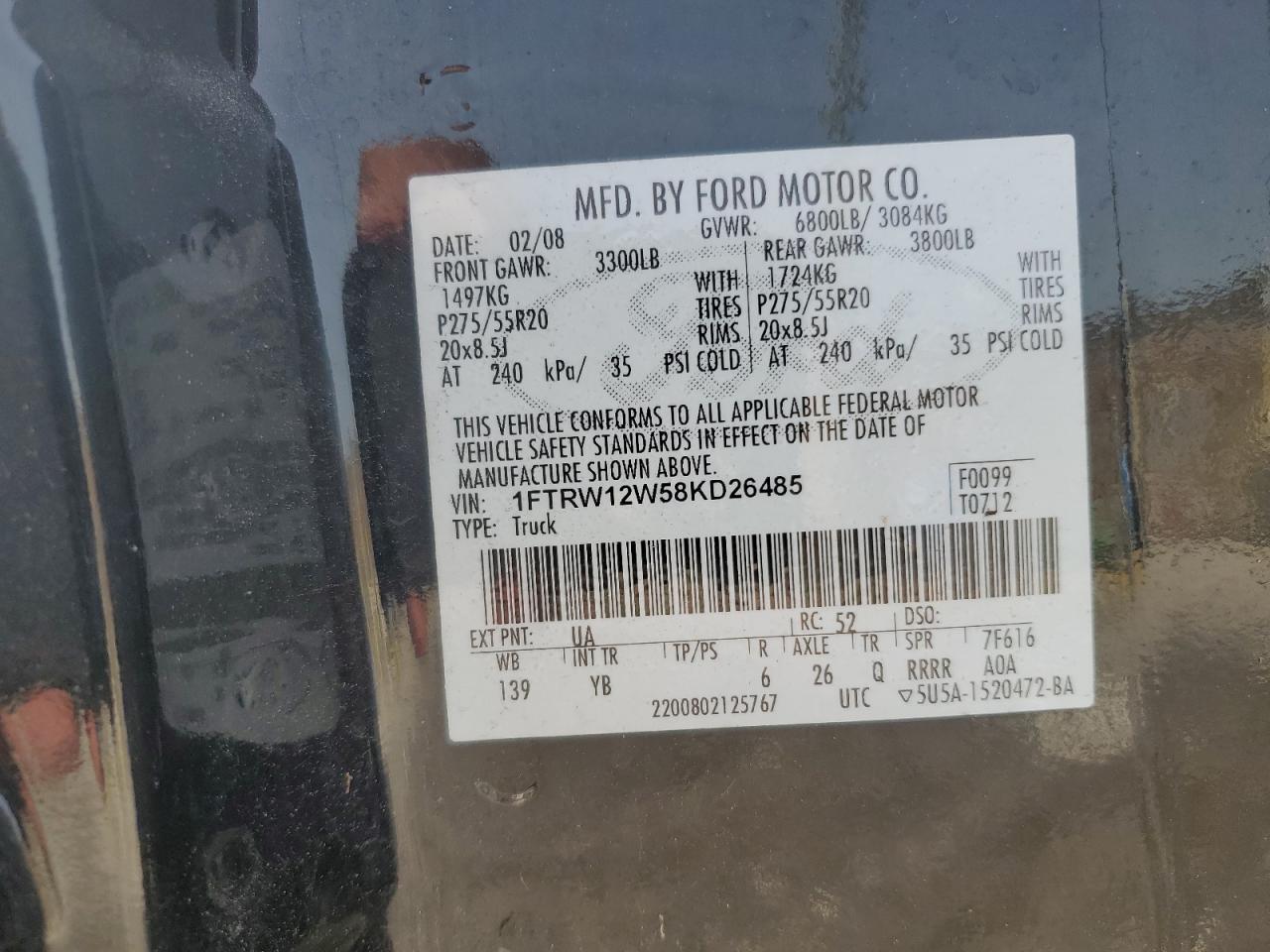 1FTRW12W58KD26485 2008 Ford F150 Supercrew 1FTRW12W58KD26485 2008 Ford F150 Supercrew