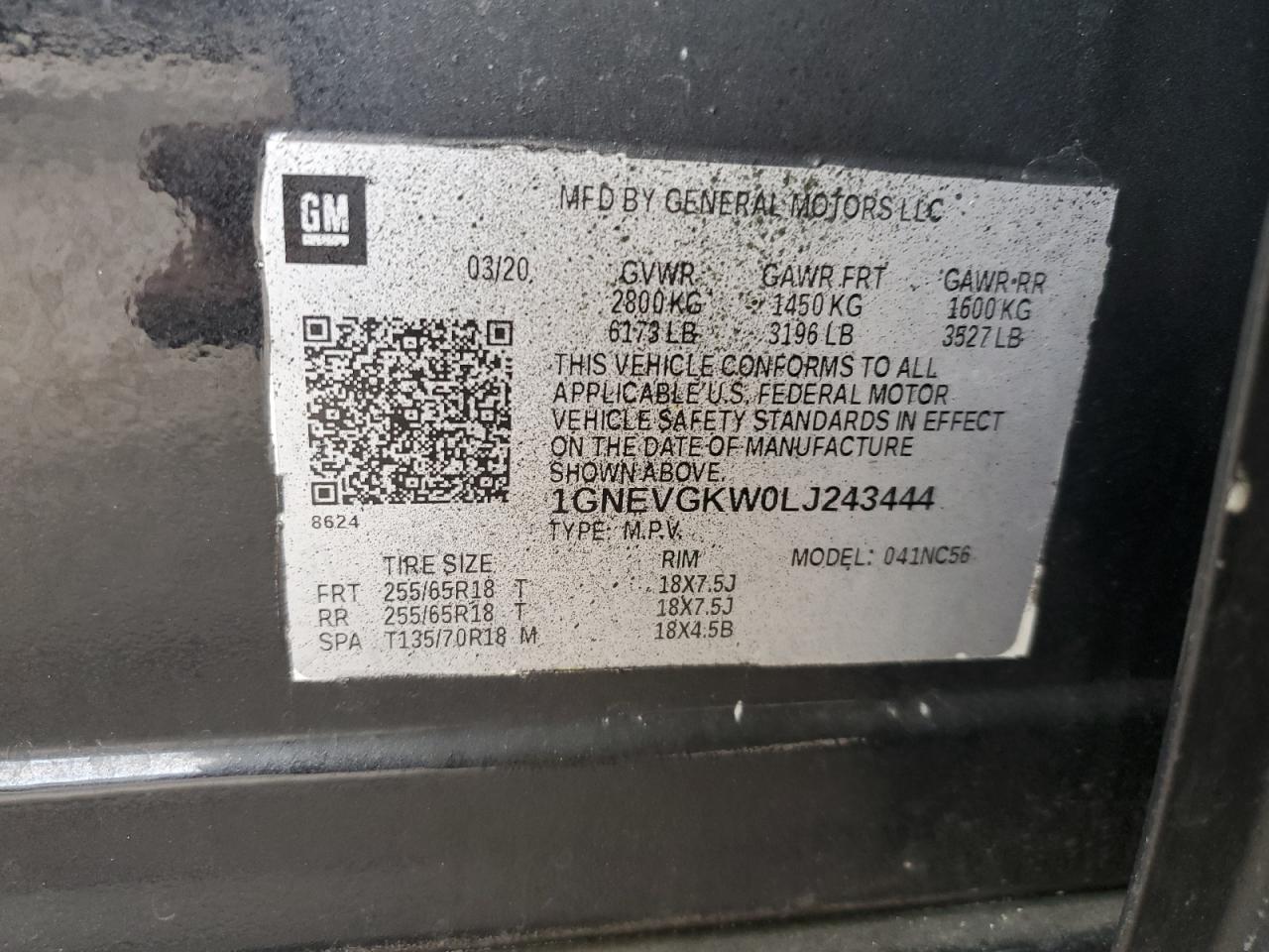 1GNEVGKW0LJ243444 2020 Chevrolet Traverse Lt