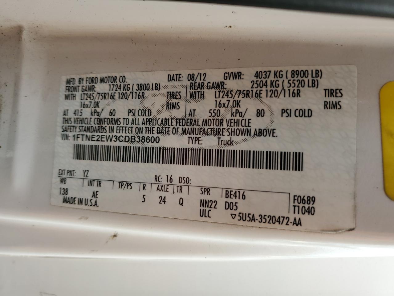 1FTNE2EW3CDB38600 2012 Ford Econoline E250 Van