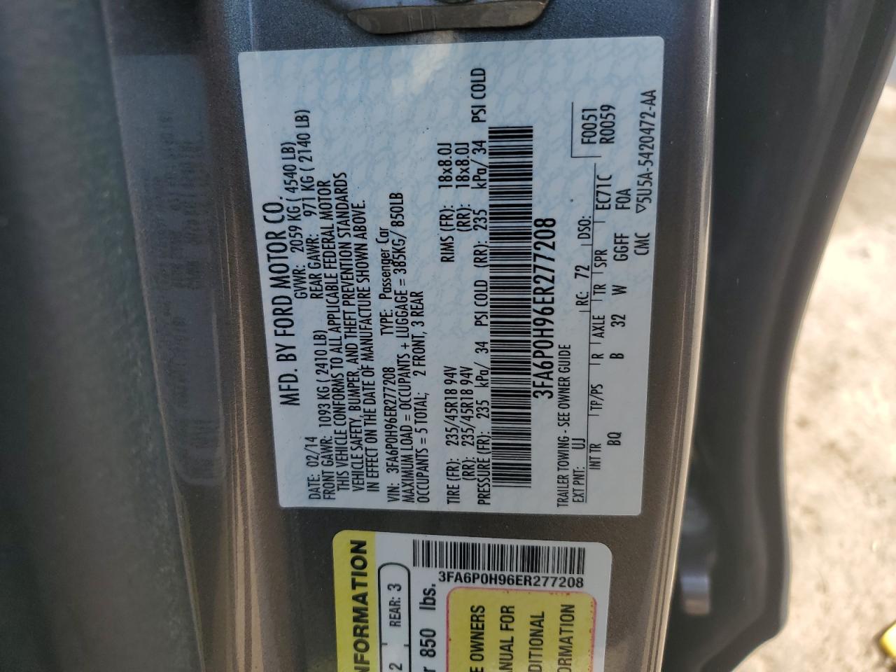 3FA6P0H96ER277208 2014 Ford Fusion Se