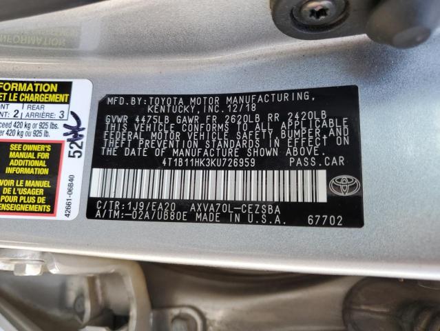 VIN 4T1B11HK3KU726959 2019 Toyota Camry, L no.13