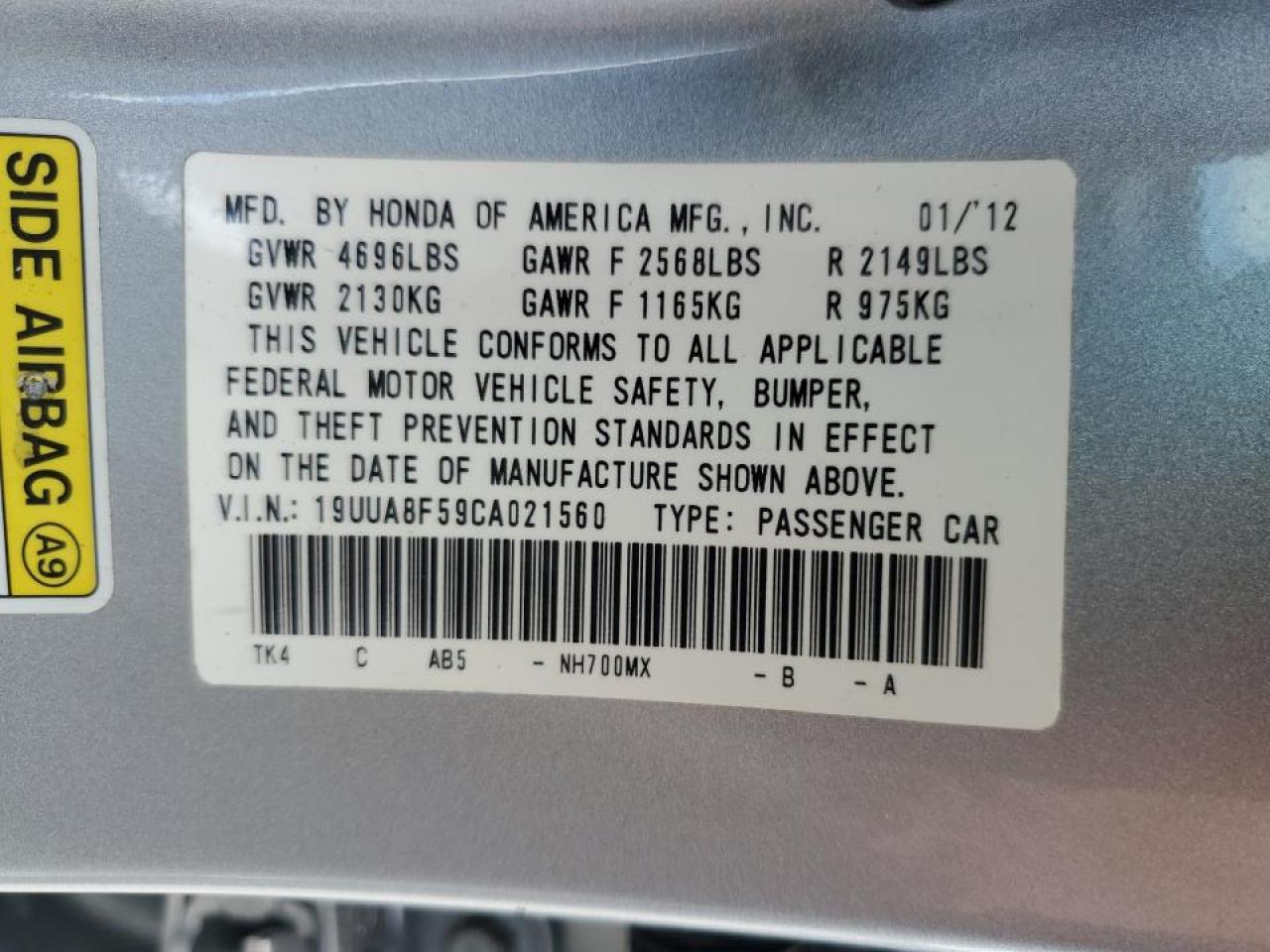 19UUA8F59CA021560 2012 Acura Tl