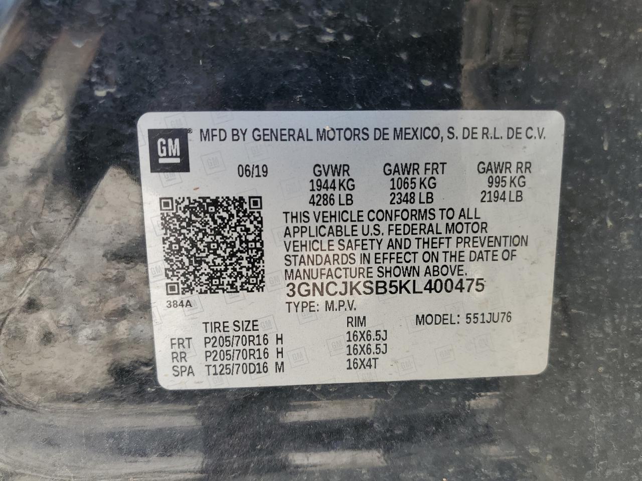 3GNCJKSB5KL400475 2019 Chevrolet Trax Ls