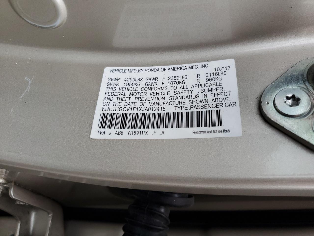 2018 Honda Accord Lx vin: 1HGCV1F1XJA012416