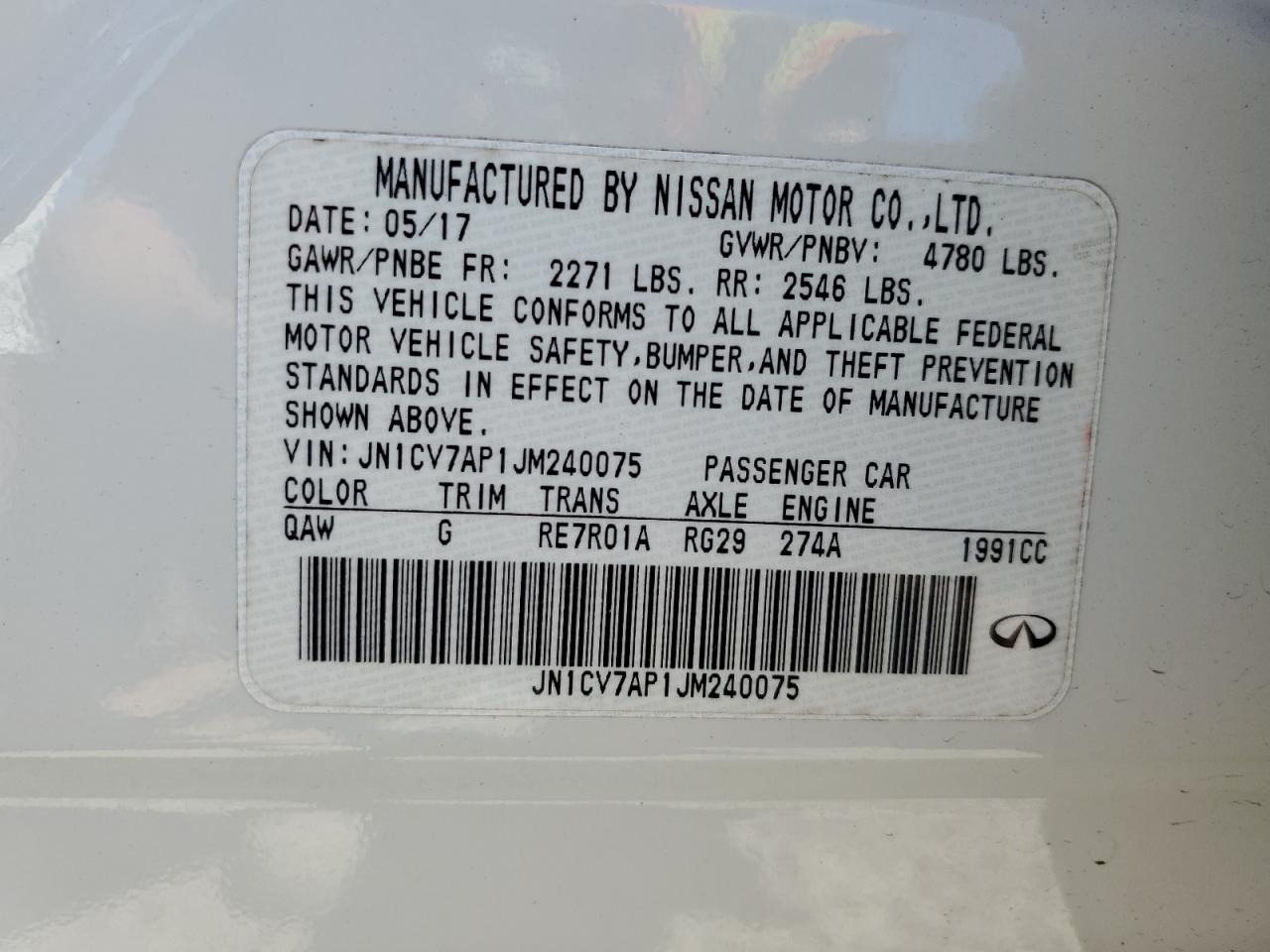 JN1CV7AP1JM240075 2018 Infiniti Q50 Pure