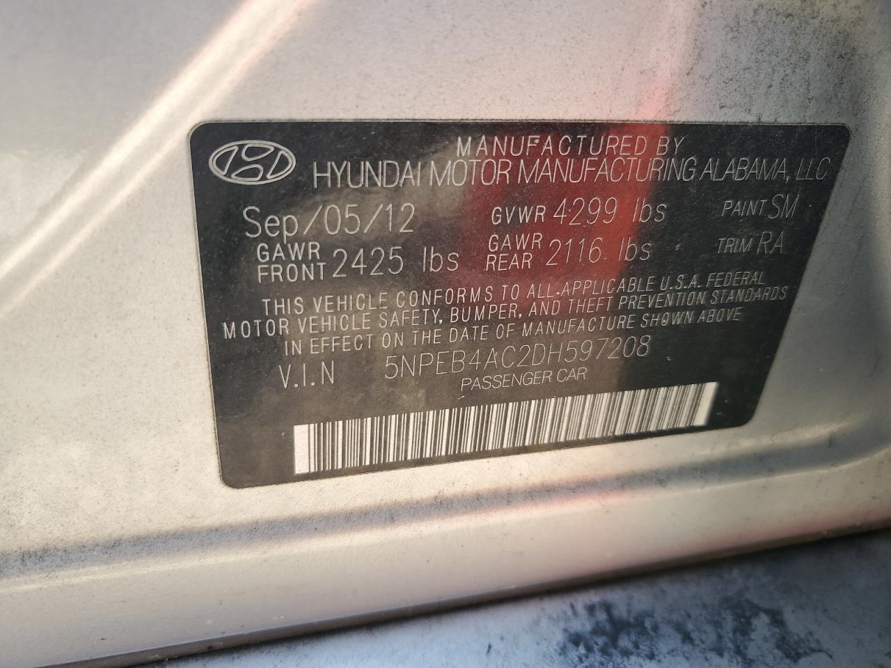 5NPEB4AC2DH597208 2013 Hyundai Sonata Gls