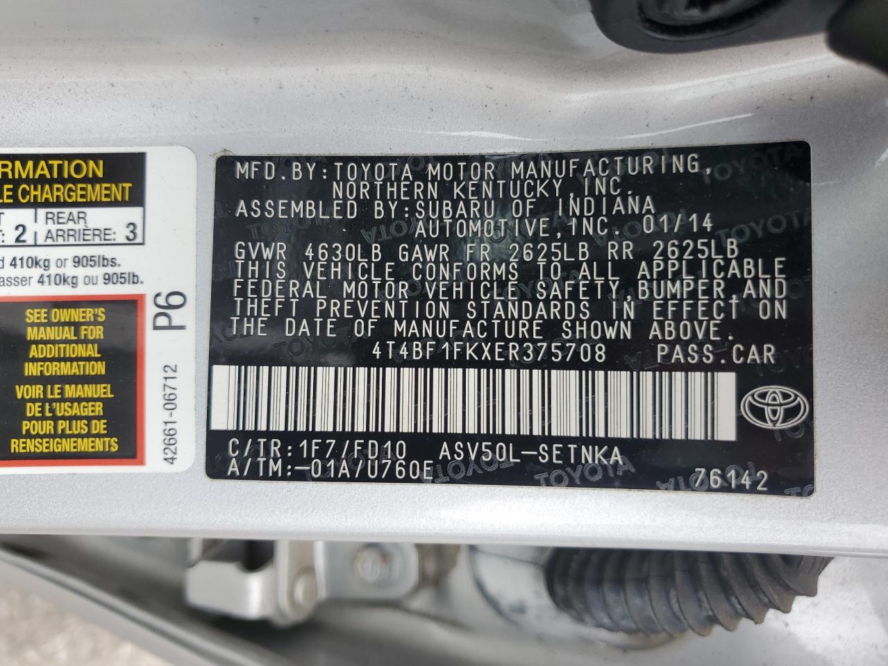 4T4BF1FKXER375708 2014 Toyota Camry L