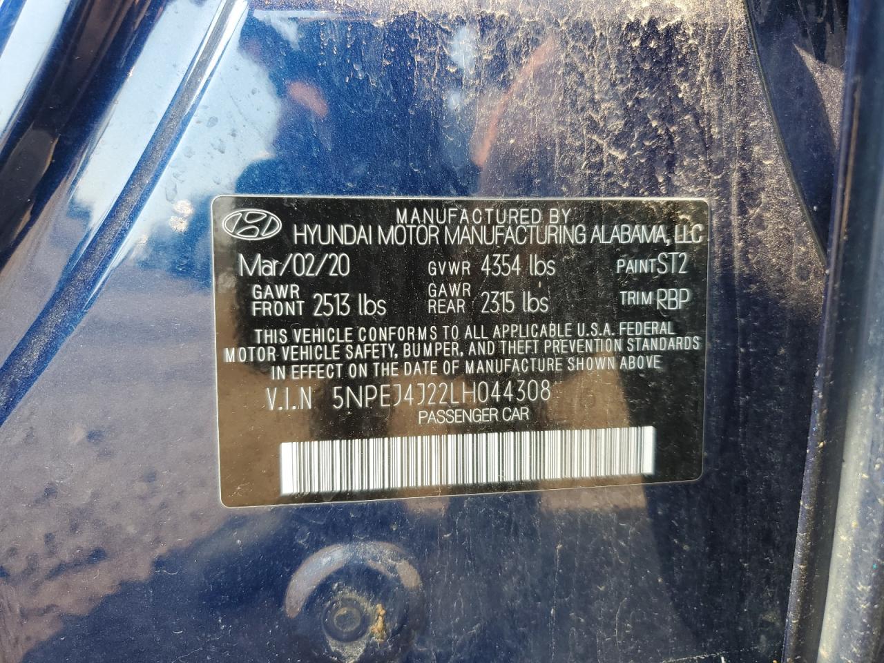 5NPEJ4J22LH044308 2020 Hyundai Sonata Sel Plus