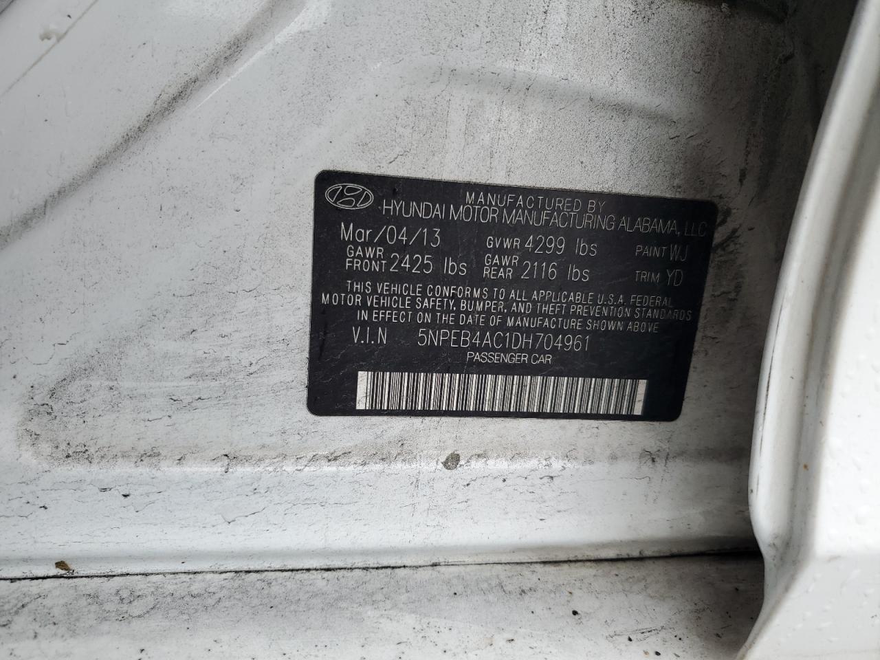 5NPEB4AC1DH704961 2013 Hyundai Sonata Gls