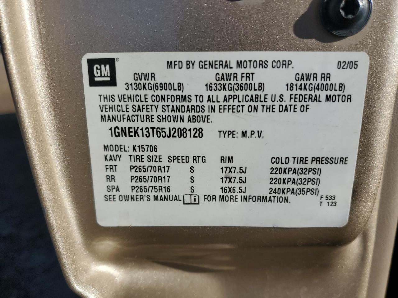 1GNEK13T65J208128 2005 Chevrolet Tahoe K1500