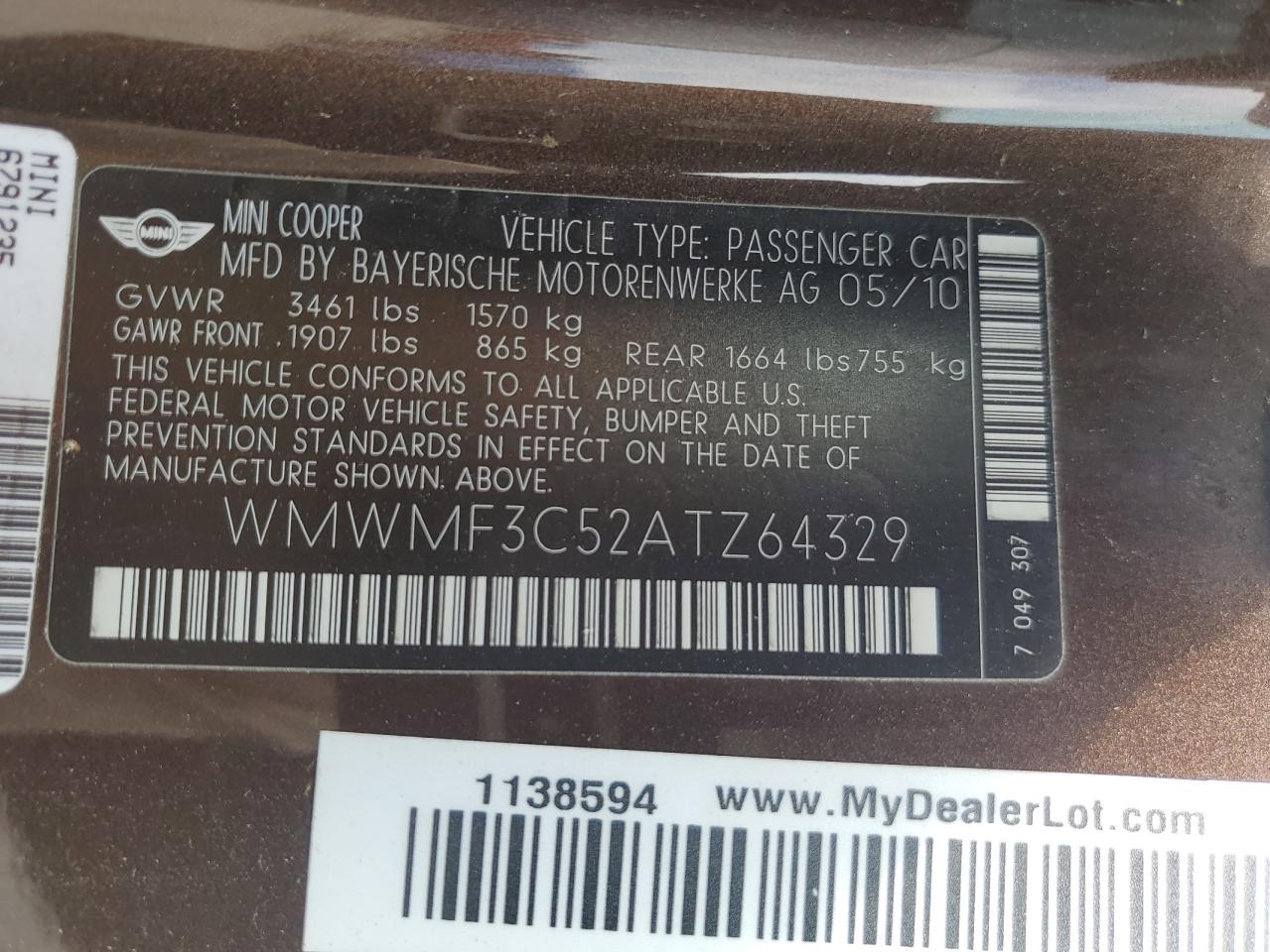 WMWMF3C52ATZ64329 2010 Mini Cooper