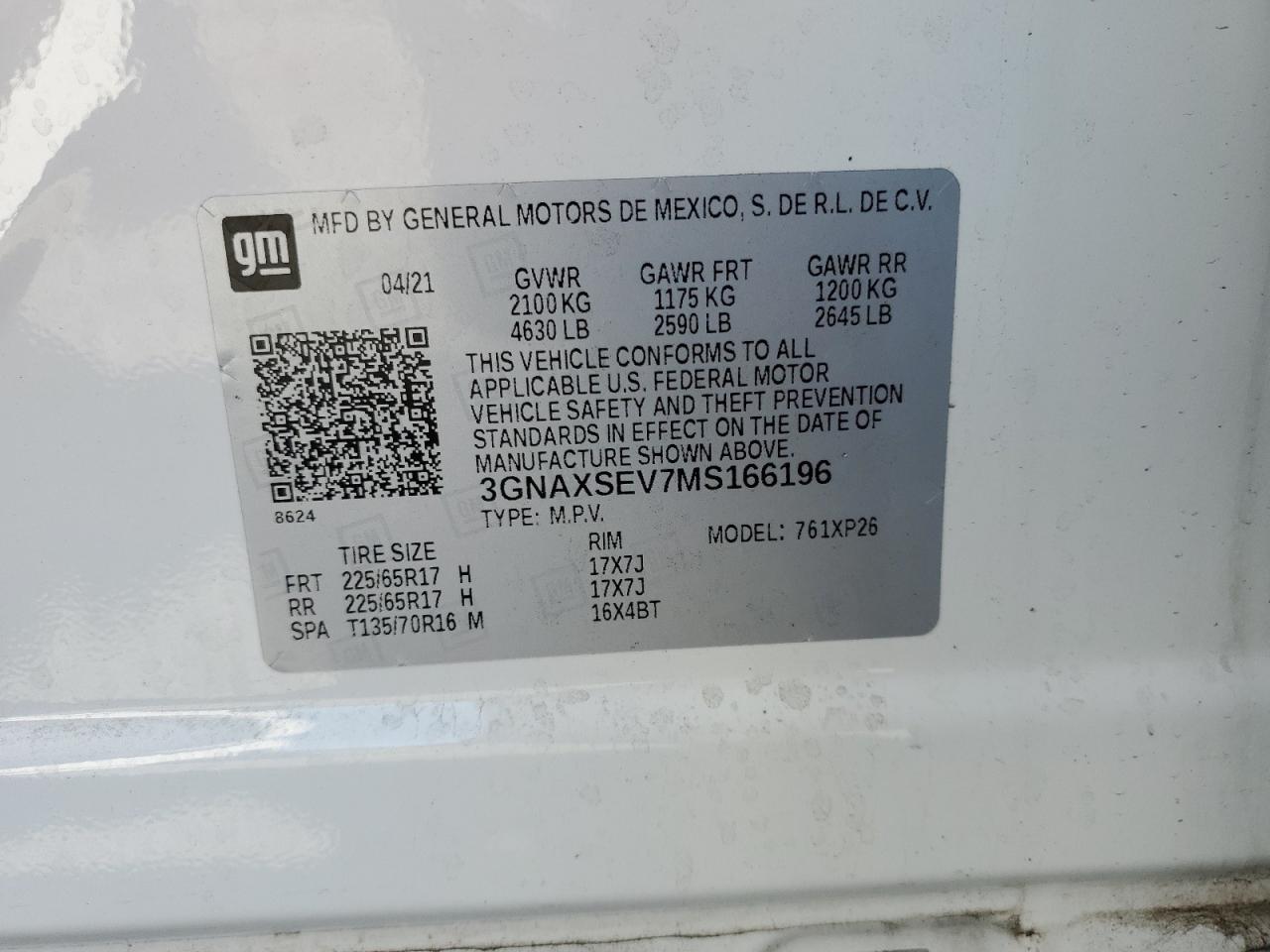 3GNAXSEV7MS166196 2021 Chevrolet Equinox Ls