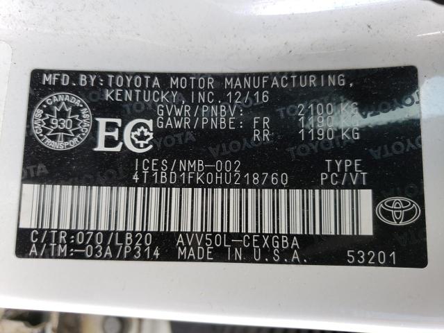 2017 TOYOTA CAMRY HYBR - 4T1BD1FK0HU218760
