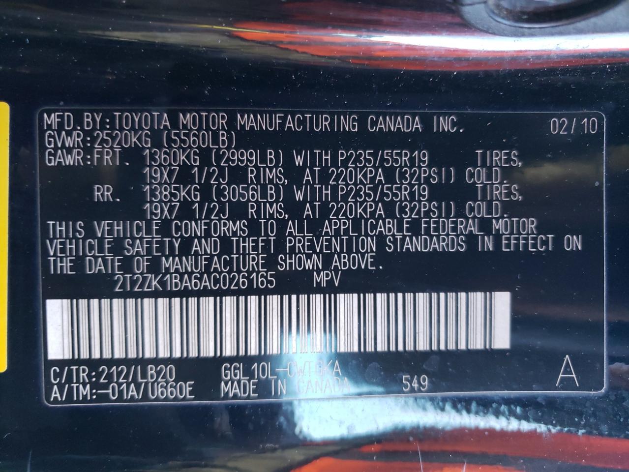 2T2ZK1BA6AC026165 2010 Lexus Rx 350