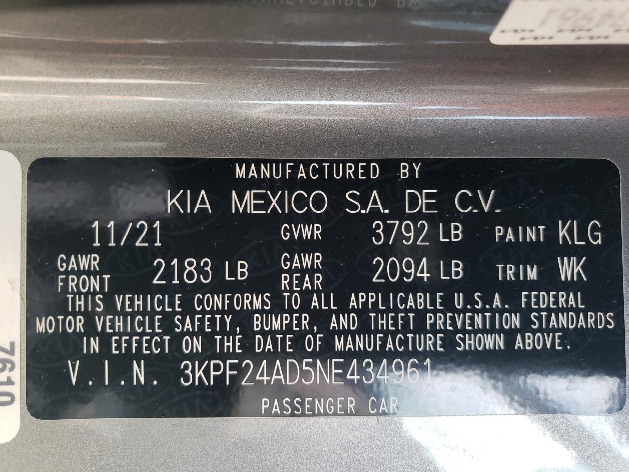 3KPF24AD5NE434961 2022 Kia Forte Fe