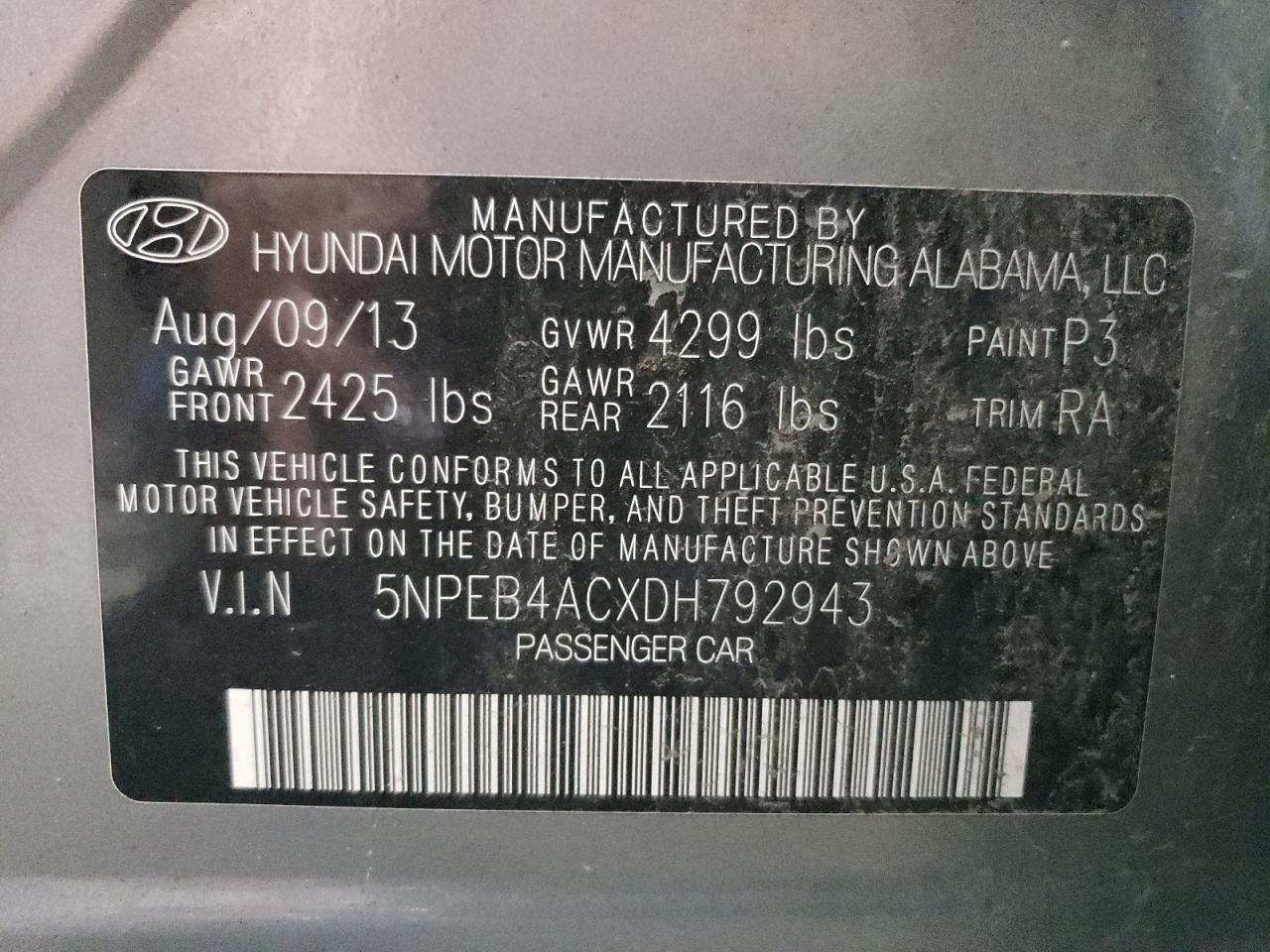 5NPEB4ACXDH792943 2013 Hyundai Sonata Gls