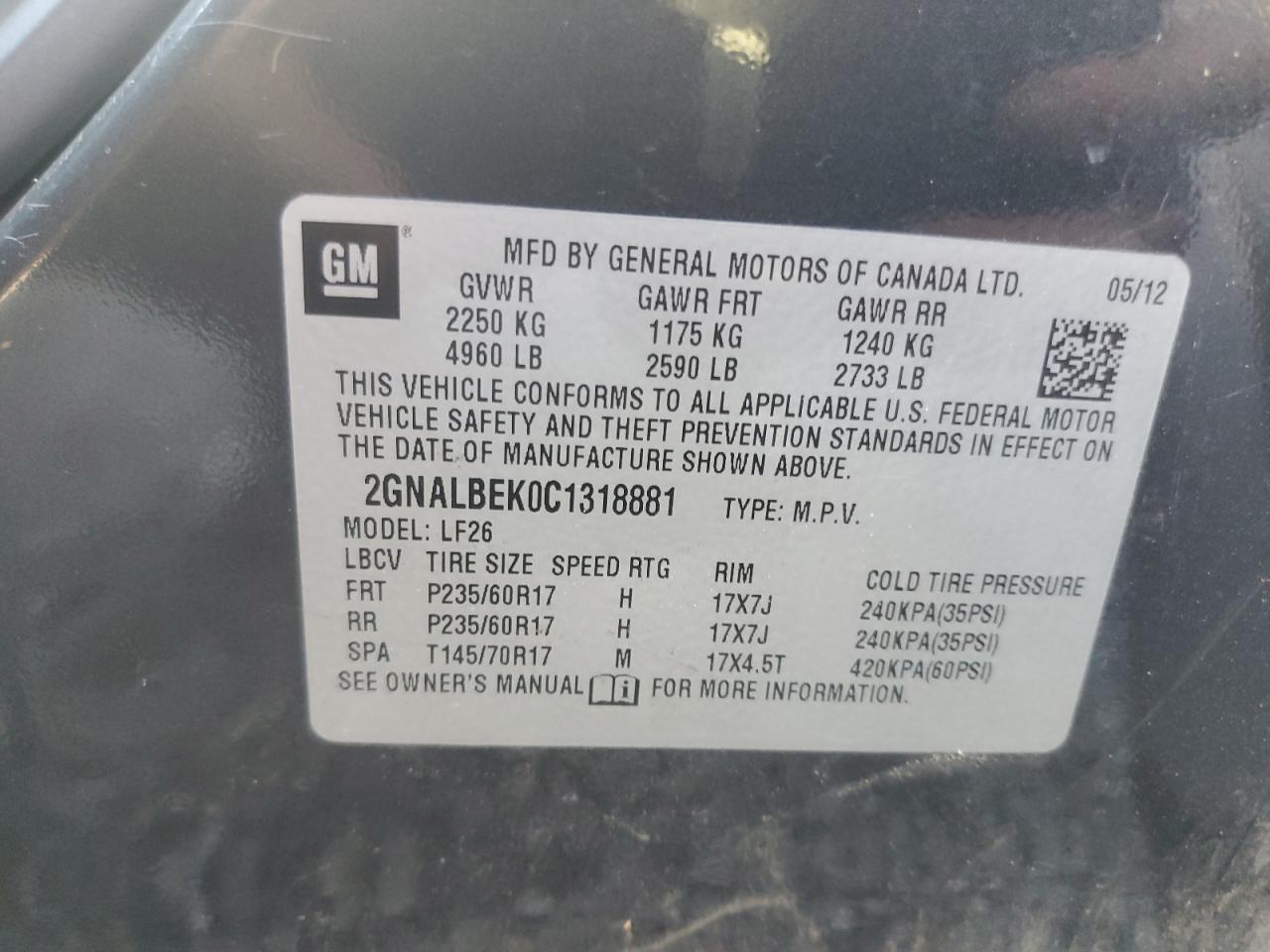 2GNALBEK0C1318881 2012 Chevrolet Equinox Ls