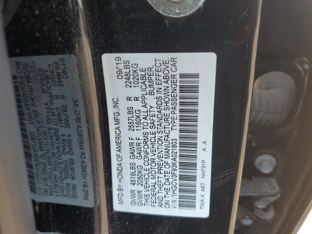 1HGCV3F93KA021803 2019 Honda Accord Touring Hybrid