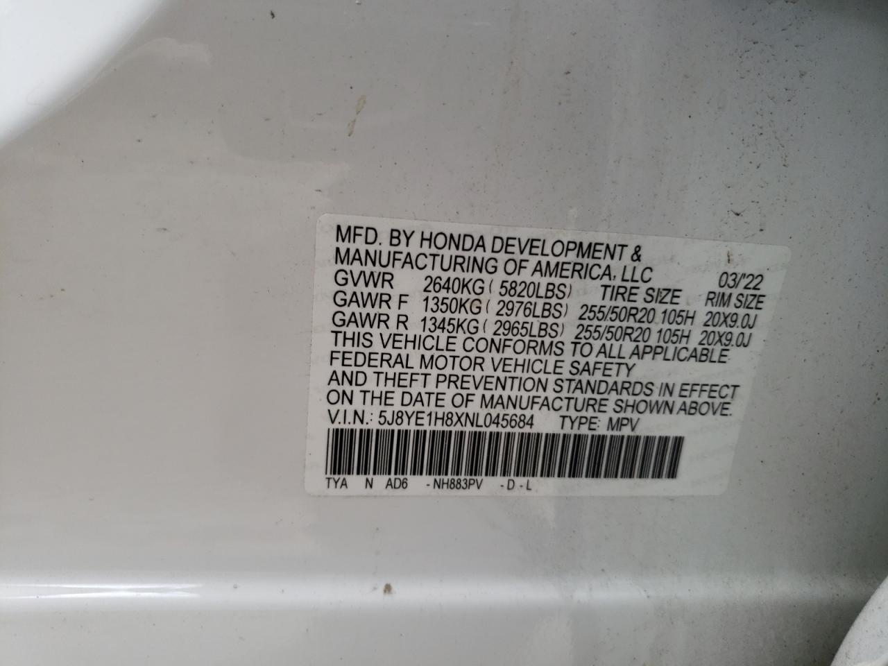 5J8YE1H8XNL045684 2022 Acura Mdx Advance