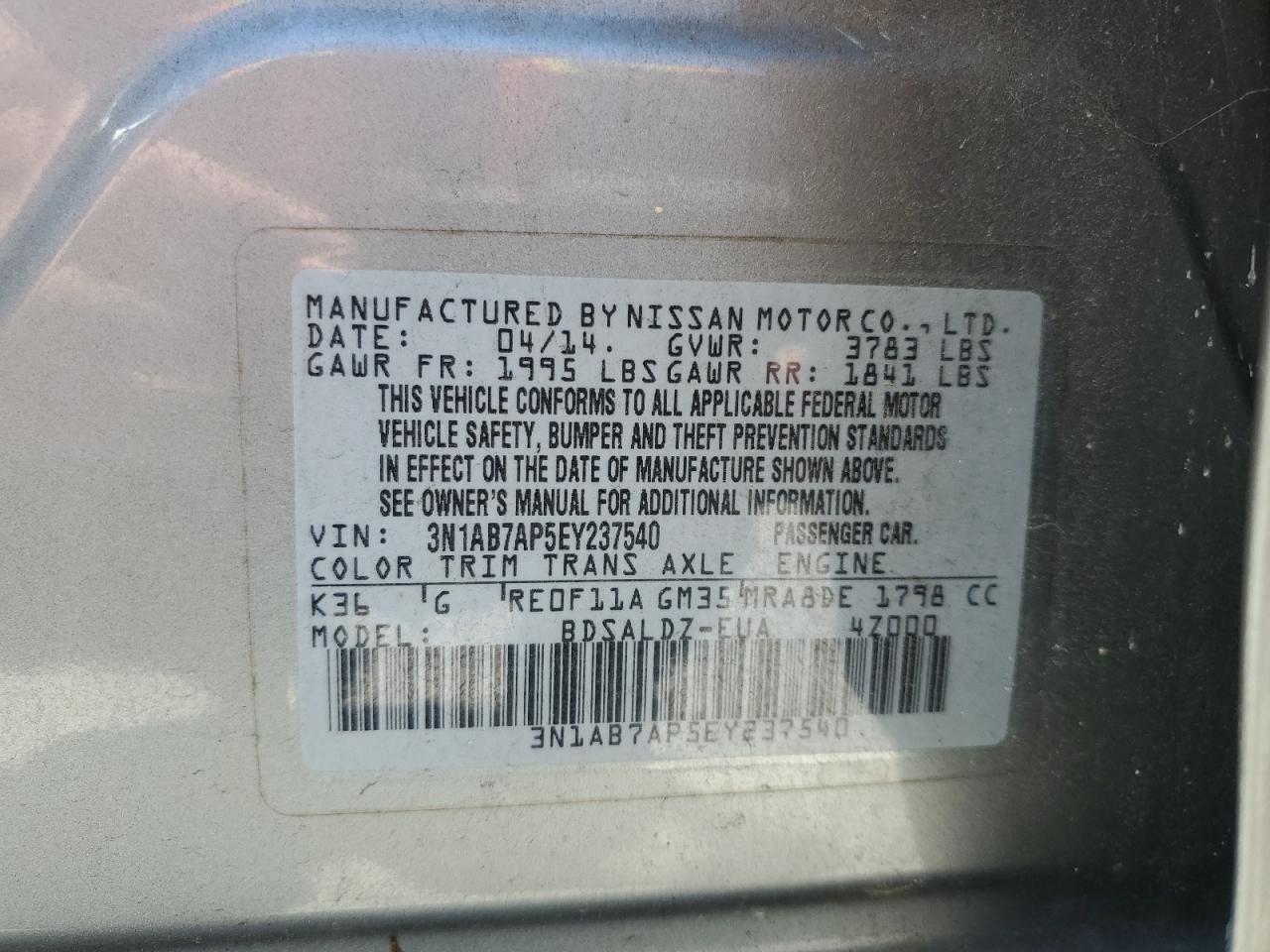 3N1AB7AP5EY237540 2014 Nissan Sentra S