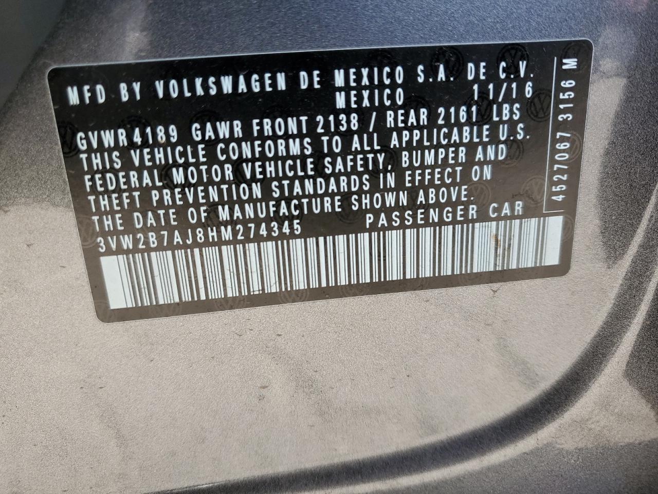 3VW2B7AJ8HM274345 2017 Volkswagen Jetta S