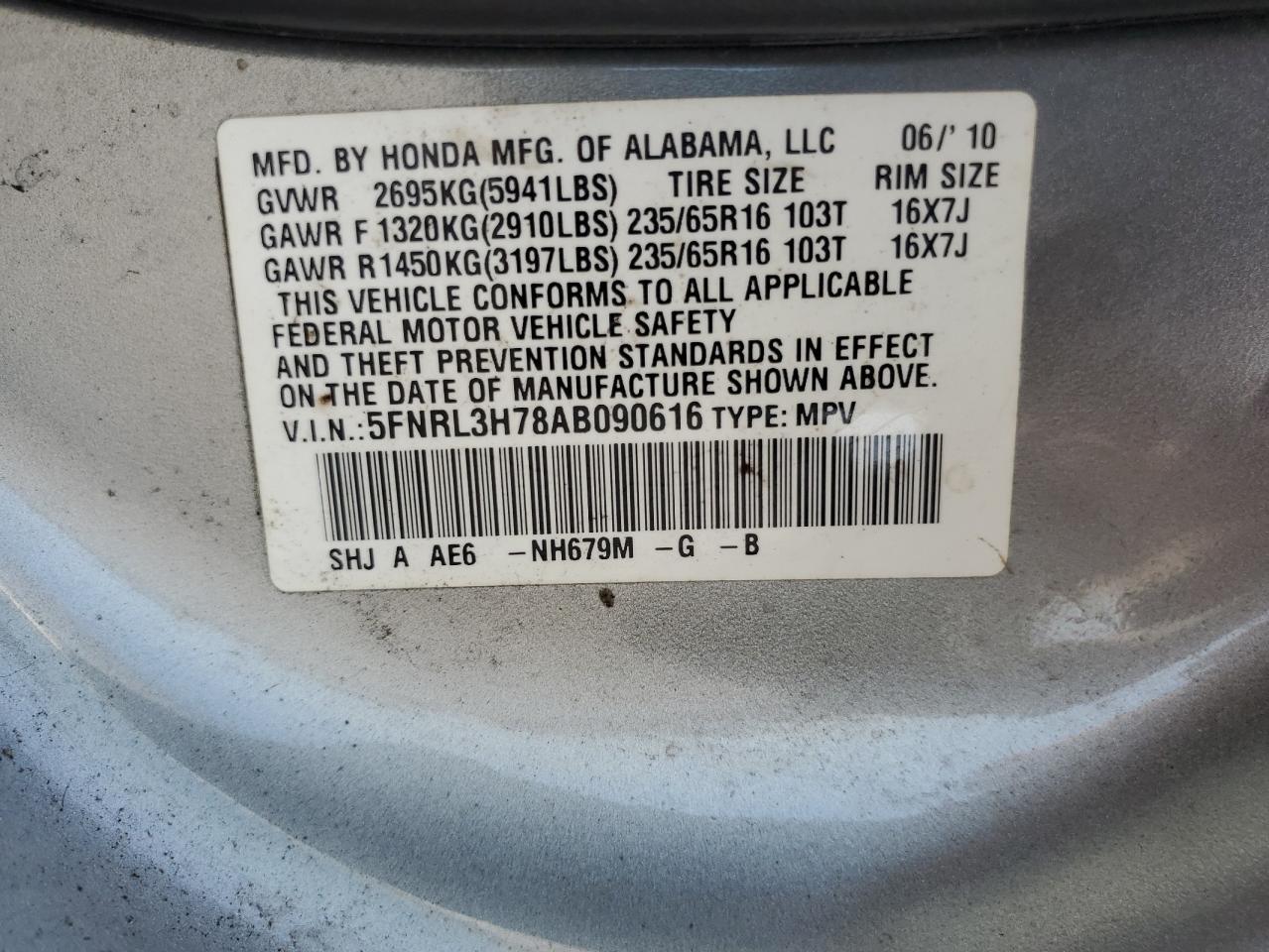 5FNRL3H78AB090616 2010 Honda Odyssey Exl