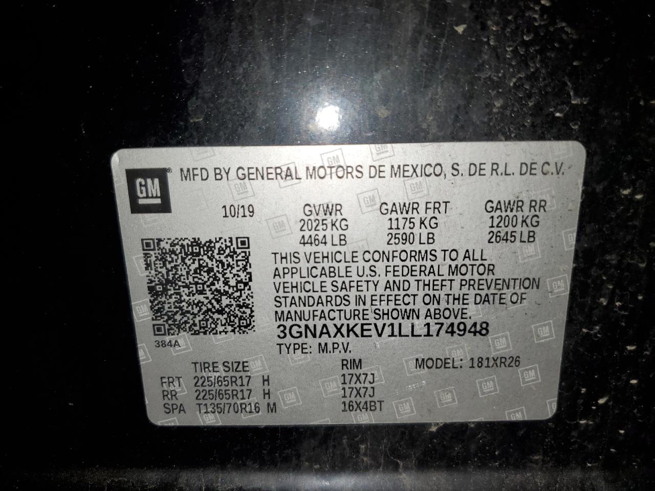 3GNAXKEV1LL174948 2020 Chevrolet Equinox Lt