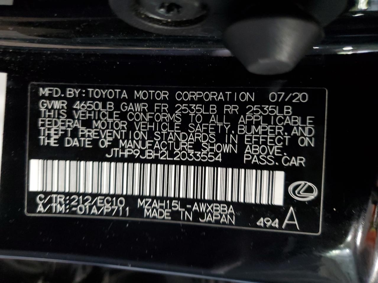 JTHP9JBH2L2033554 2020 Lexus Ux 250H