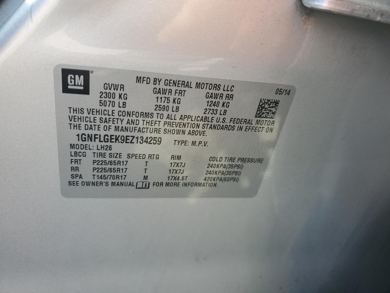 1GNFLGEK9EZ134259 2014 Chevrolet Equinox Lt