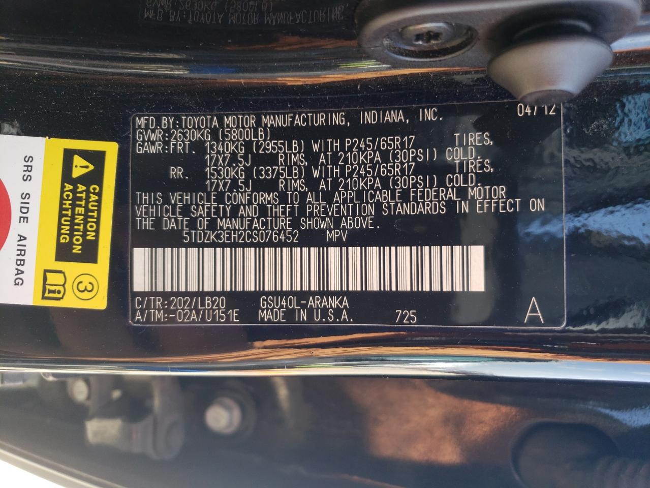 5TDZK3EH2CS076452 2012 Toyota Highlander Base