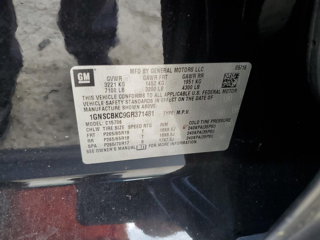 1GNSCBKC9GR371481 2016 Chevrolet Tahoe C1500 Lt