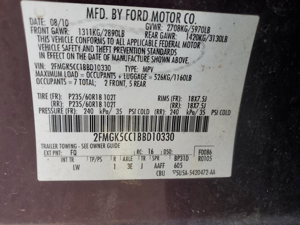 2FMGK5CC1BBD10330 2011 Ford Flex Sel