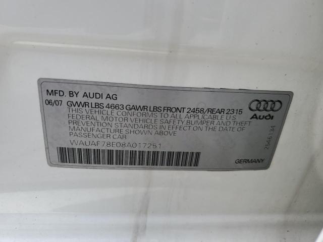 2008 Audi A4 2.0T VIN: WAUAF78E08A017251 Lot: 61662454