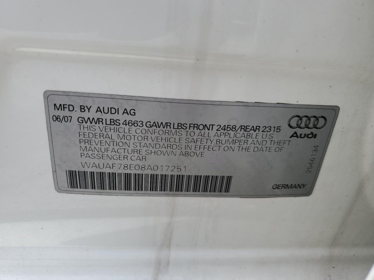 WAUAF78E08A017251 2008 Audi A4 2.0T