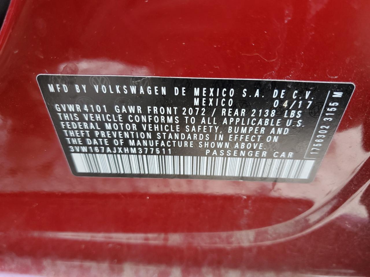 3VW167AJXHM377511 2017 Volkswagen Jetta S