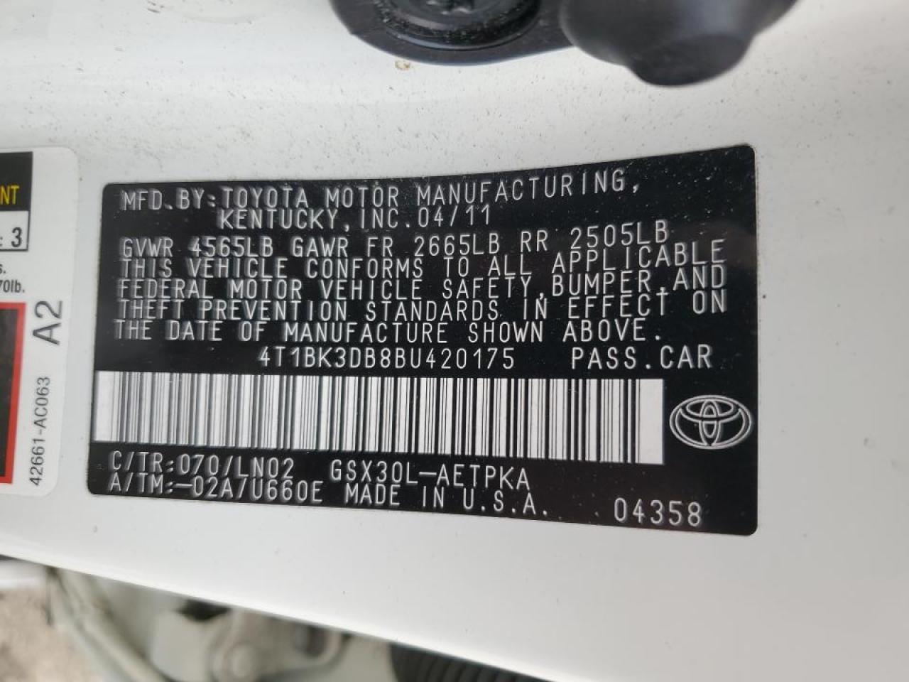 4T1BK3DB8BU420175 2011 Toyota Avalon Base