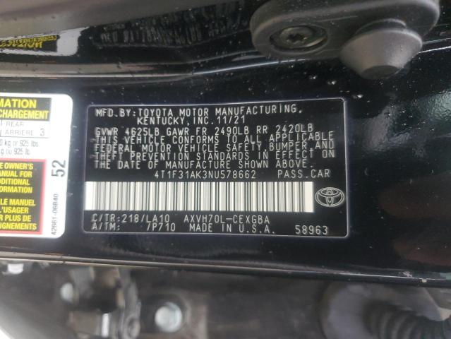 VIN 4T1F31AK3NU578662 2022 Toyota Camry, Xle no.12