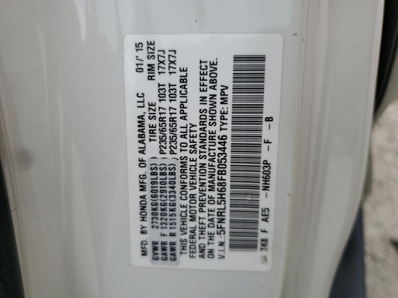 5FNRL5H68FB053446 2015 Honda Odyssey Exl