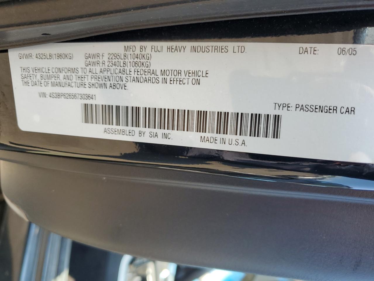 4S3BP626567303641 2006 Subaru Legacy 2.5I Limited