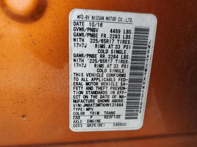 2017 Nissan Rogue S VIN: JN8AT2MTXHW131994 Lot: 62391344