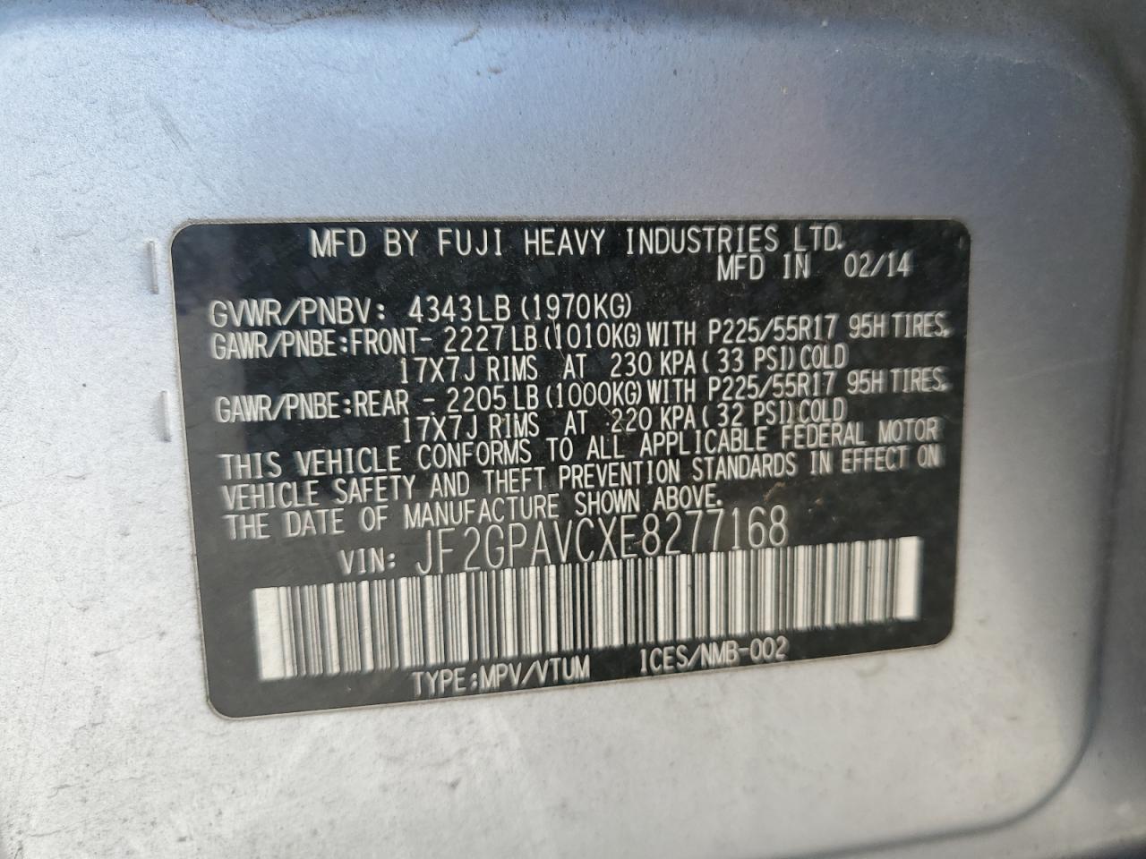 JF2GPAVCXE8277168 2014 Subaru Xv Crosstrek 2.0 Premium