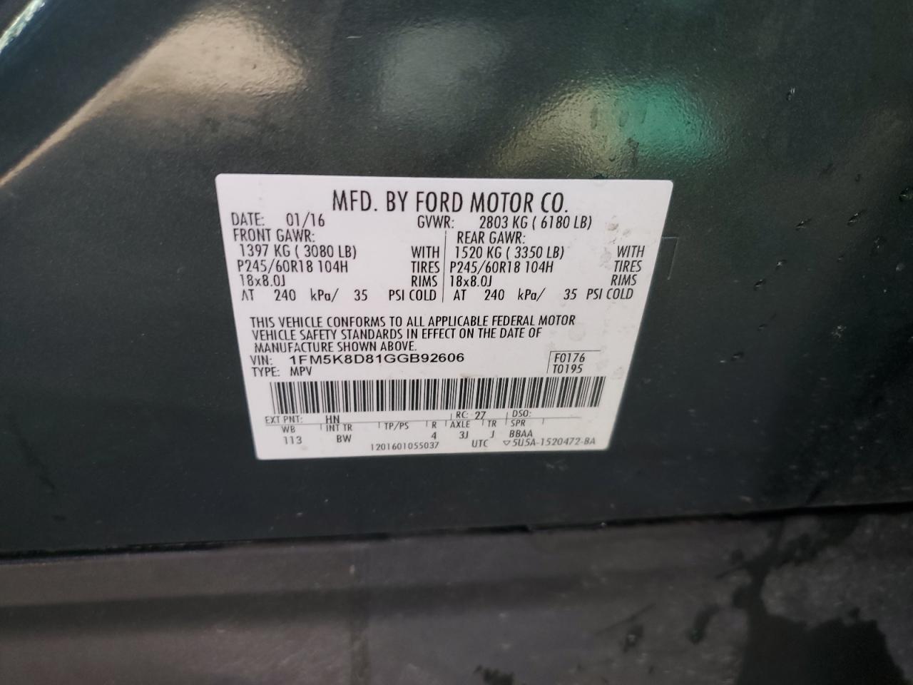 1FM5K8D81GGB92606 2016 Ford Explorer Xlt