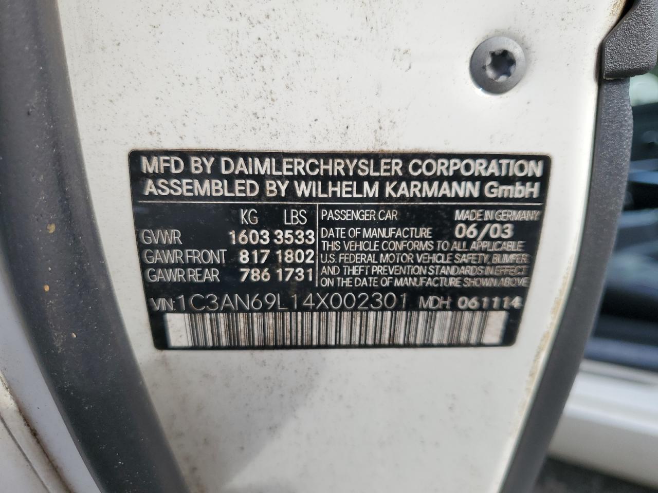 1C3AN69L14X002301 2004 Chrysler Crossfire Limited