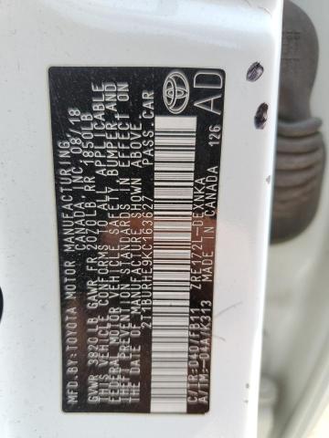 2019 TOYOTA CORILLA - 2T1BURHE9KC163627