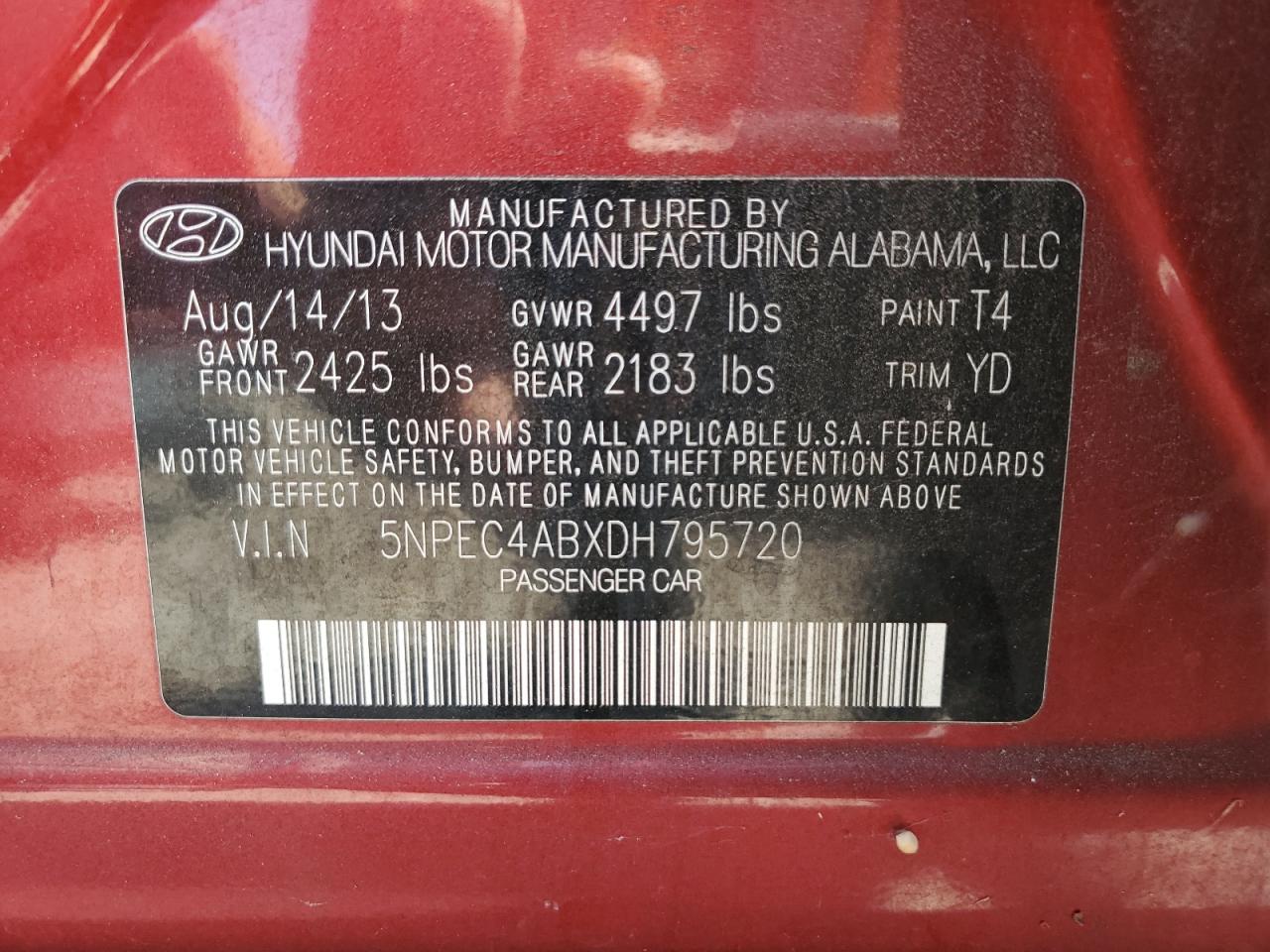5NPEC4ABXDH795720 2013 Hyundai Sonata Se